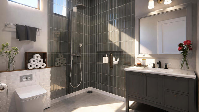 Interior rendering of a full bathroom showing a walk-in shower, vanity, toilet, dark tile, and high windows