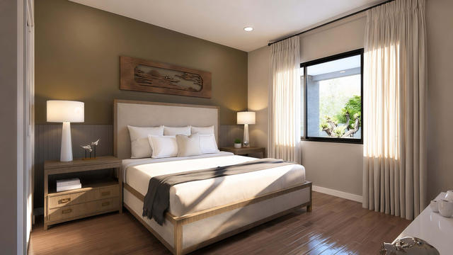 Interior rendering of the bedroom showing a bed, nightstands, window, warm wood flooring, and neutral walls