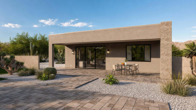 Front exterior rendering of the 34 by 59 casita showing its deep patio, flat roof, glazed doors, and desert landscaping
