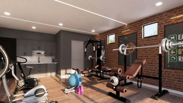 Interior rendering of the dedicated gym showing strength equipment, free weights, cardio gear, and a brick accent wall