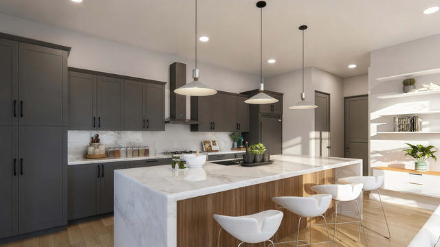 Interior rendering of the kitchen showing dark cabinetry, island seating, pendant lights, appliances, and open shelving