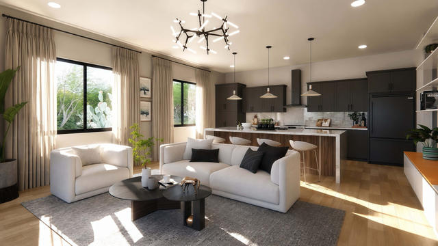 Interior rendering of the casita living room showing a sofa, kitchen, media wall, patio doors, and natural light