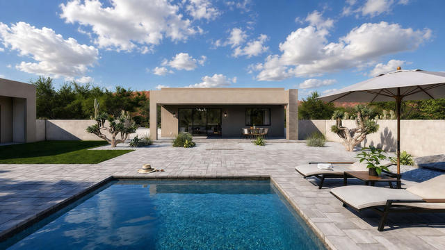 Exterior rendering of the covered patio facade showing glazed doors, patio columns, paving, and a pool setting