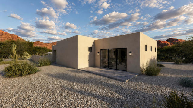 Side three-quarter rendering of the casita and gym showing long stucco walls, windows, flat roof forms, and gravel yard