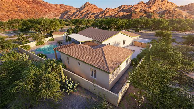 Backyard aerial rendering of the 796 square foot accessory dwelling unit with pool and main home