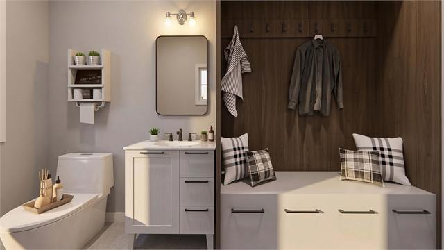 Bath and mudroom storage detail rendering for the 35 by 21 ADU plan