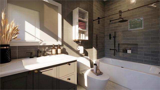 Bathroom rendering with tub shower and vanity for a 796 square foot ADU