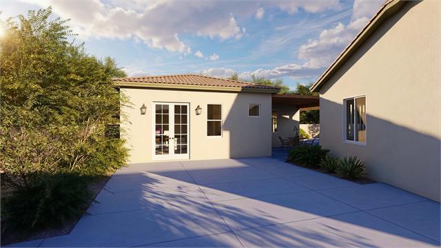 Courtyard exterior rendering of a one bedroom accessory dwelling unit with French doors