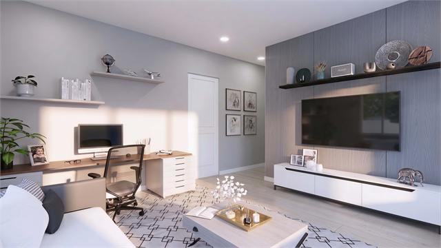 Living room and office nook rendering for the 35 by 21 796 square foot accessory dwelling unit