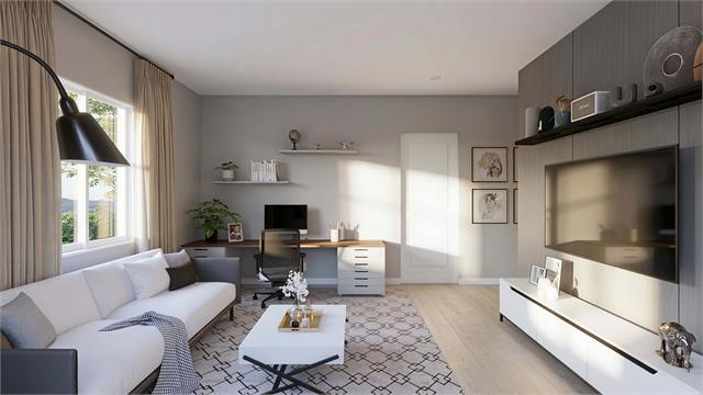 Living room rendering for the 35 by 21 accessory dwelling unit with sofa and TV wall