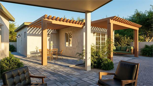 Pergola patio rendering beside a 796 square foot Arizona accessory dwelling unit
