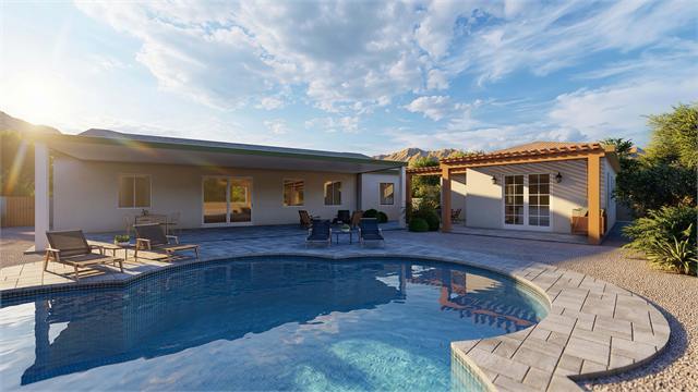Pool courtyard rendering with accessory dwelling unit and pergola in an Arizona backyard