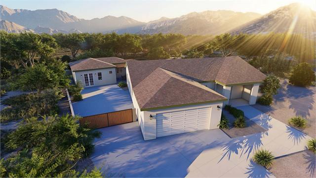 Sunrise aerial rendering showing the ADU behind a main Arizona home