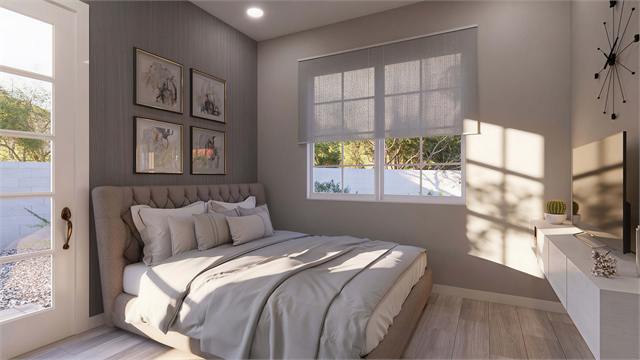 Bedroom rendering for the 35 by 22 one-bedroom casita