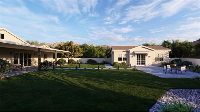 Courtyard exterior rendering of the 35 by 22 casita beside the main home