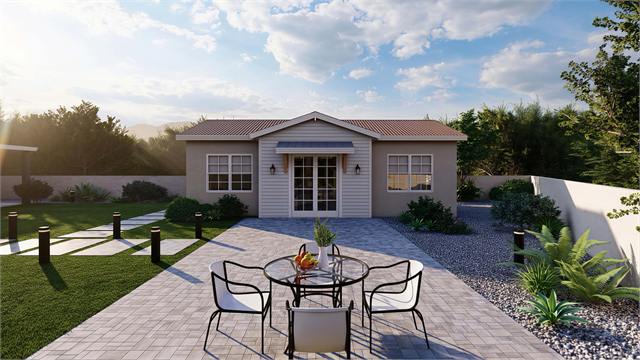 Front patio exterior rendering of the 35 by 22 casita with gable roof