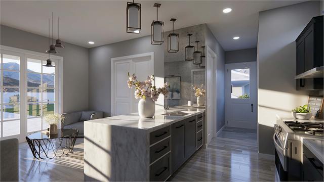 Kitchen island rendering for the 35 by 22 727 square foot casita