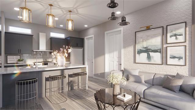 Kitchen and living rendering for the 35 by 22 casita with office