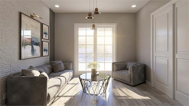 Living room rendering for the 35 by 22 casita with glass porch doors