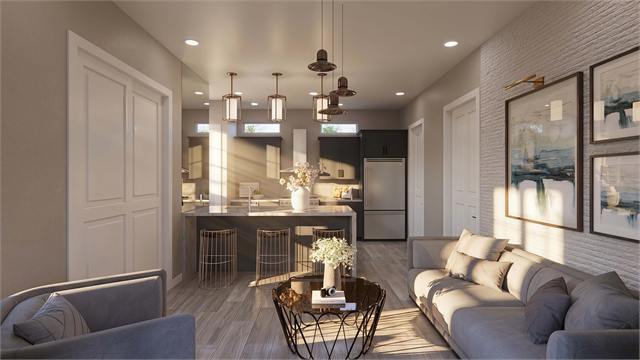 Open living and kitchen rendering for the 35 by 22 727 square foot casita