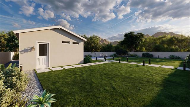Side yard exterior rendering of the 35 by 22 Arizona casita