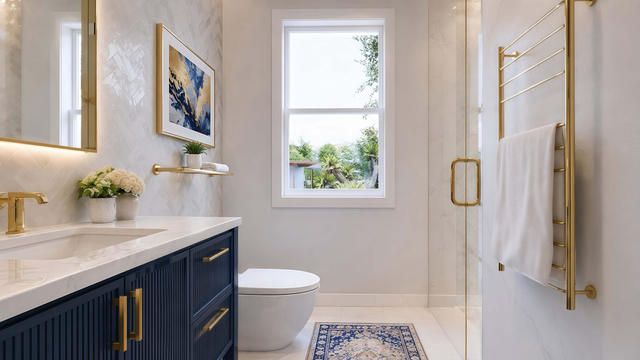 Interior rendering of the full bathroom showing a vanity, toilet, glass shower, window, and blue cabinetry