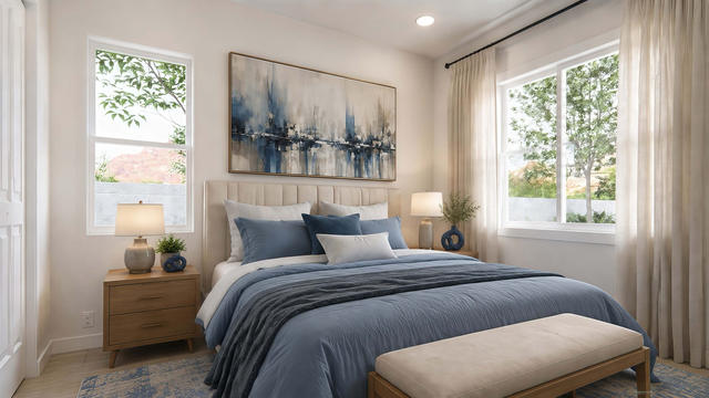 Interior rendering of the private bedroom showing a bed, two windows, nightstands, and soft natural light