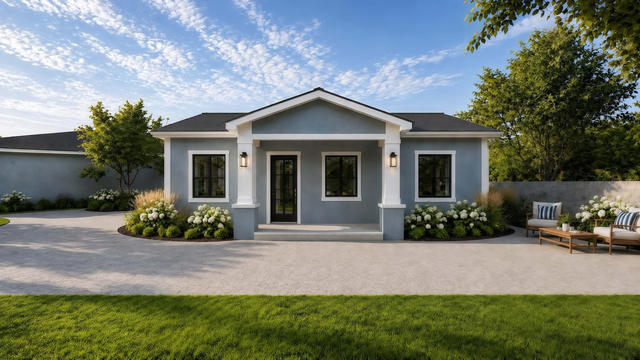 Front rendering of the 35 by 27 casita showing the centered covered porch, gable roof, windows, and landscaped walk
