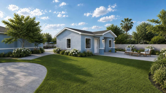 Front three-quarter rendering of the casita showing the covered entry, side wall, lawn, and paved approach