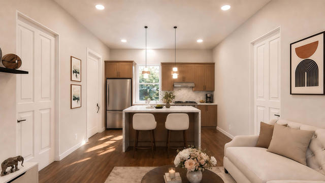 Interior rendering of the open living and kitchen area showing island seating, cabinetry, a sofa, and natural light