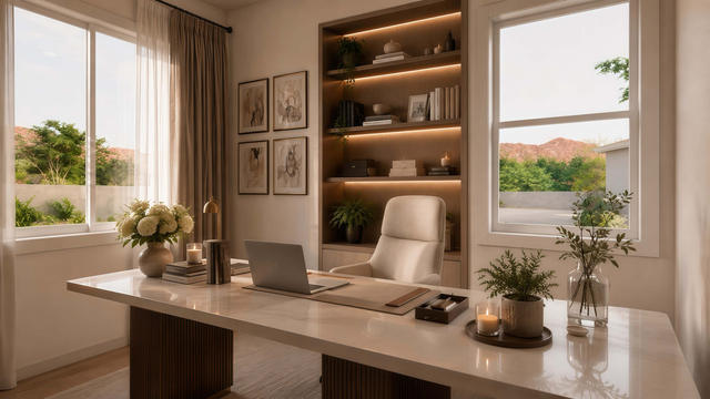Interior rendering of the dedicated office showing a desk, built-in shelving, windows, and garden views
