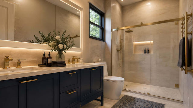 Bathroom view of the 1,085-square-foot, 35-by-41-foot two-bedroom casita, showing double vanity and glass shower.