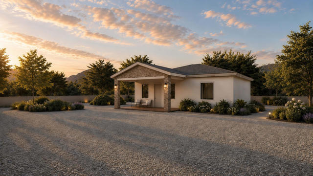 Front Porch view of the 1,085-square-foot, 35-by-41-foot two-bedroom casita, showing covered porch and main entrance.