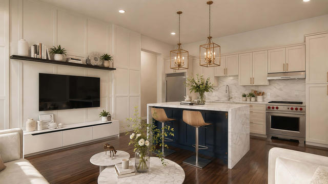 Kitchen And Living view of the 1,085-square-foot, 35-by-41-foot two-bedroom casita, showing open kitchen and living room.