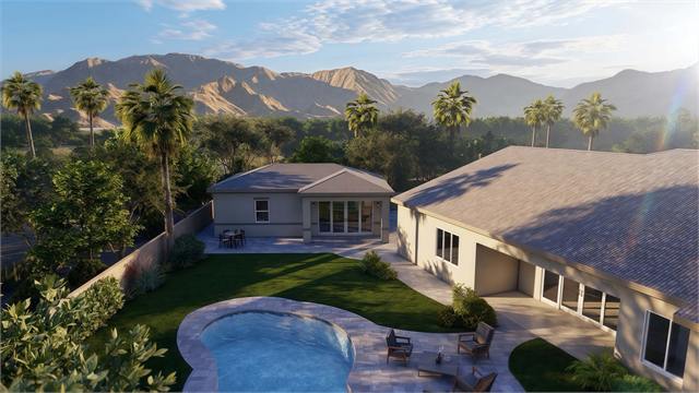 Aerial pool yard rendering of the 36 by 27 casita with mountain views