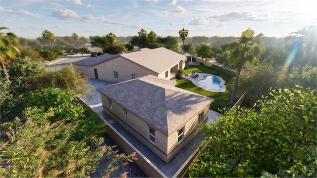 Backyard aerial rendering of the 36 by 27 casita beside a pool and main home