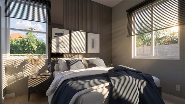 Bedroom rendering for the 36 by 27 two-bedroom casita floor plan