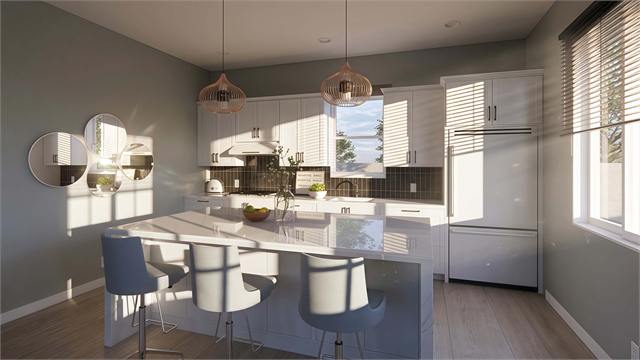 Kitchen island rendering for the 36 by 27 two-bedroom casita plan