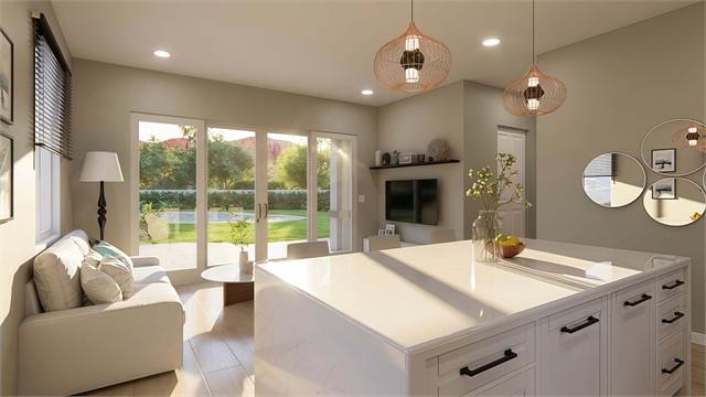 Kitchen and living patio view rendering for the 36 by 27 casita