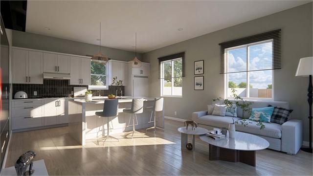 Open living and kitchen rendering for the 36 by 27 Arizona casita