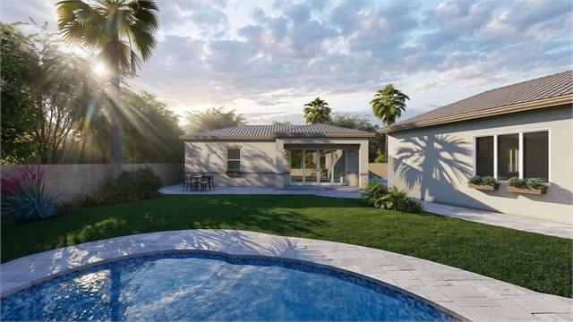 Poolside exterior rendering of the 36 by 27 casita with patio and main home