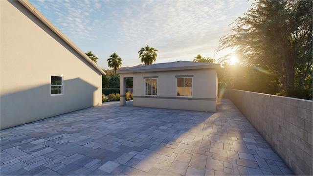 Side patio exterior rendering of the 36 by 27 casita