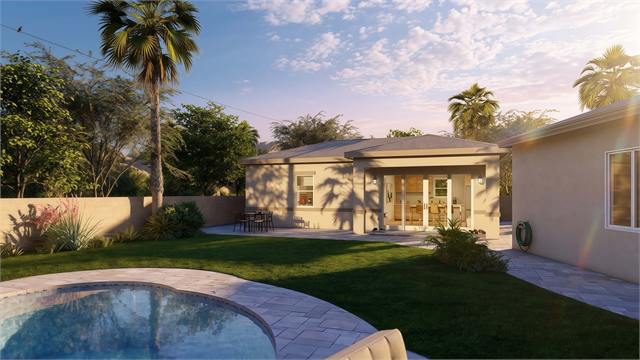 Sunset backyard exterior rendering of the 36 by 27 two-bedroom casita