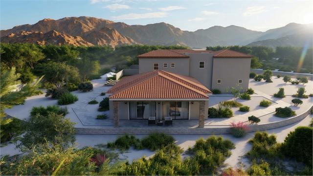 Backyard aerial exterior rendering of the 36 by 41 casita beside an Arizona home