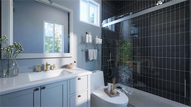 Bathroom shower and vanity rendering for the 36 by 41 two bedroom casita floor plan
