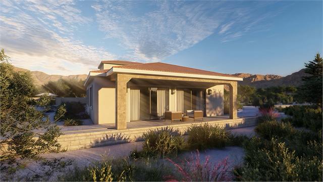 Covered patio exterior rendering of the 36 by 41 two bedroom casita with desert landscaping