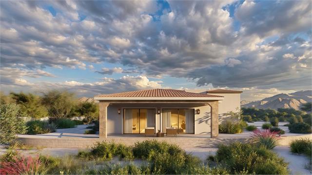 Front patio exterior rendering of the 36 by 41 casita under dramatic Arizona clouds