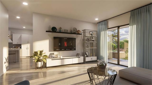 Living room patio view rendering for the 36 by 41 two bedroom casita