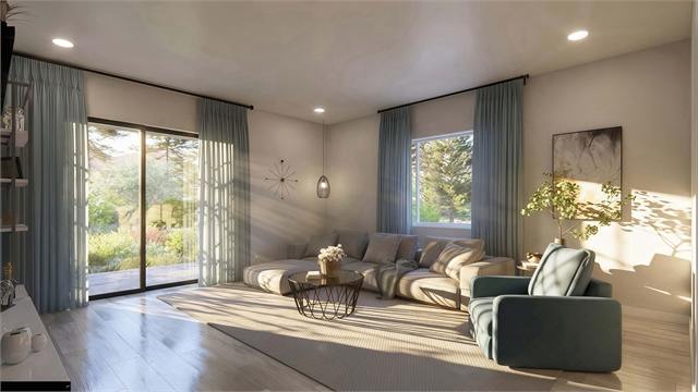 Living room seating rendering for the 36 by 41 two bedroom casita floor plan