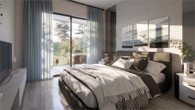 Primary bedroom rendering for the 36 by 41 two bedroom casita floor plan
